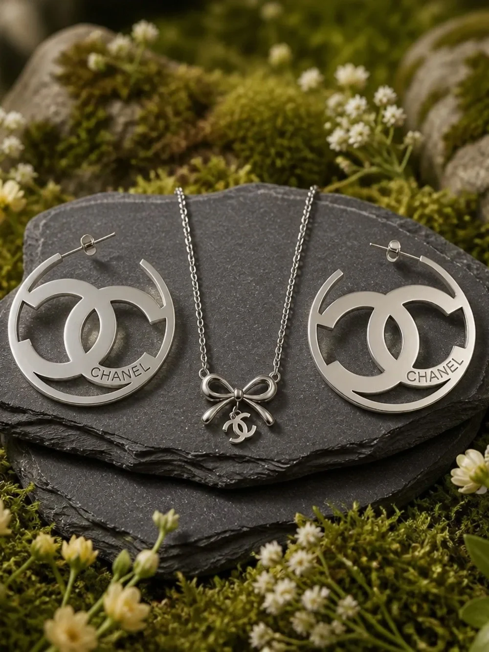 CHANEL Silver Bow Pendant Necklace with CC Charm